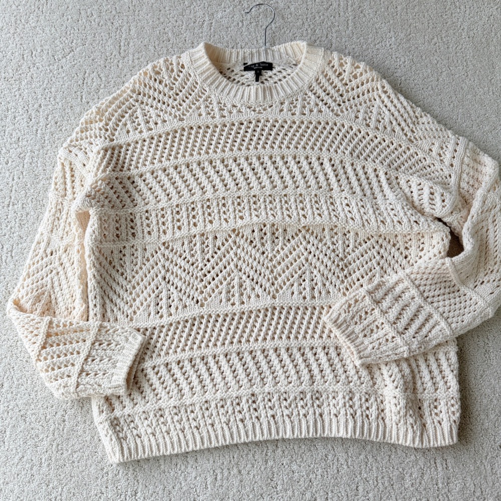 rag & bone Renee Crewneck Sweater Womens Small Ivory Open Weave Pointelle Cotton